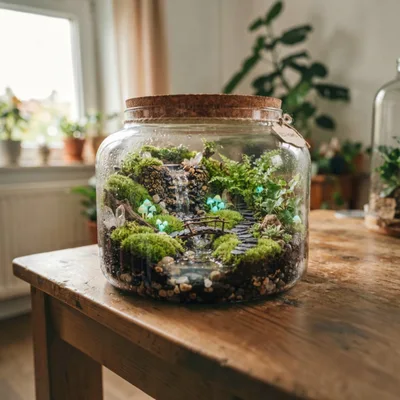 Miniature Forest Terrarium With Waterfall And Glowing Mushrooms
