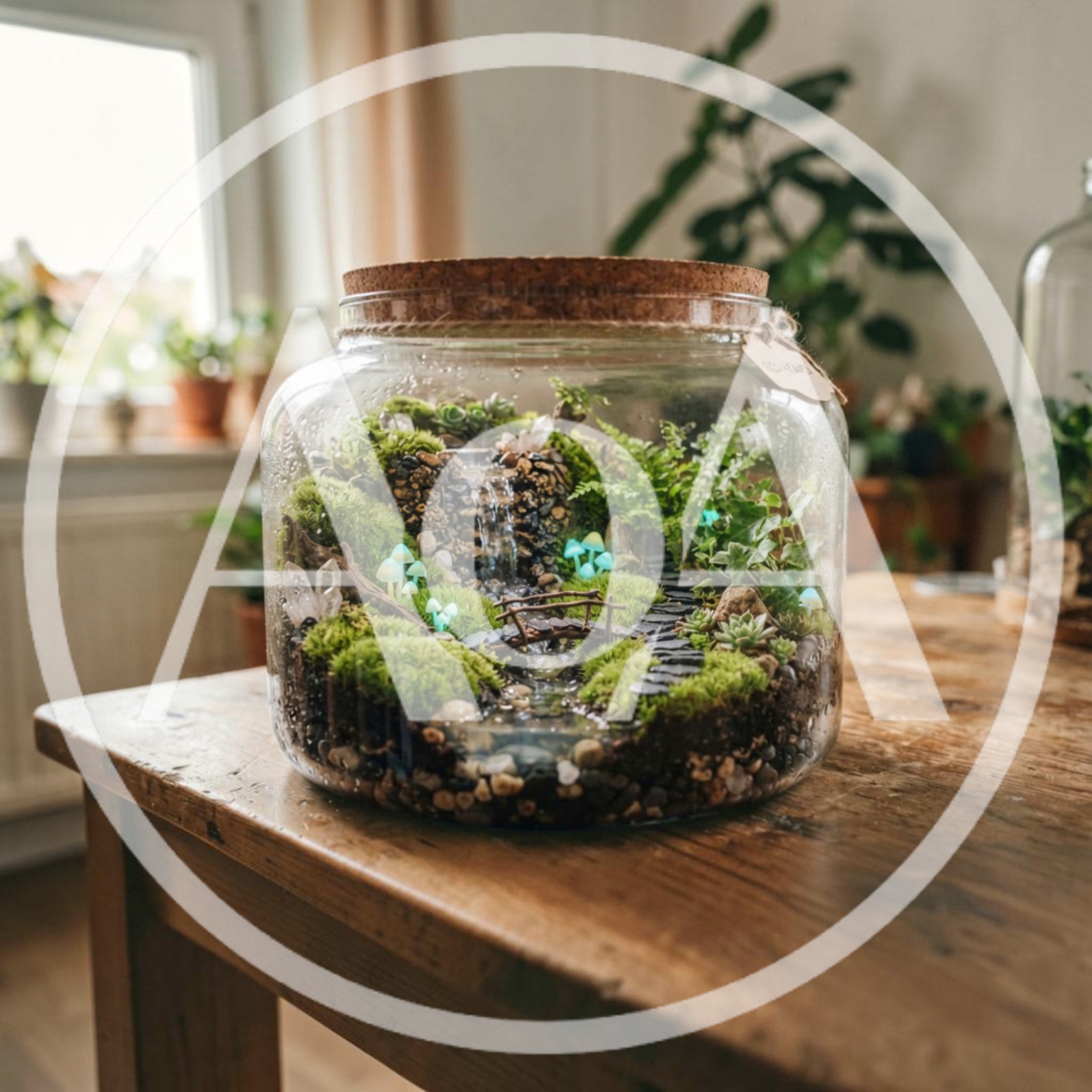 Miniature Forest Terrarium With Waterfall And Glowing Mushrooms