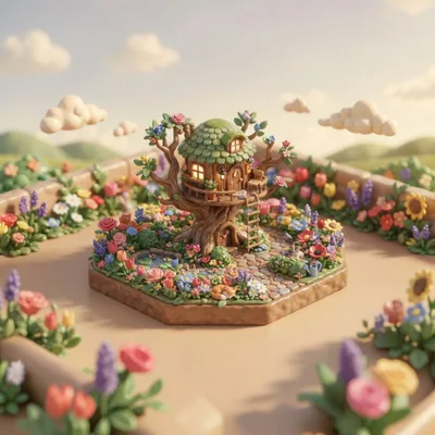Miniature Clay Style Treehouse In A Flower Garden