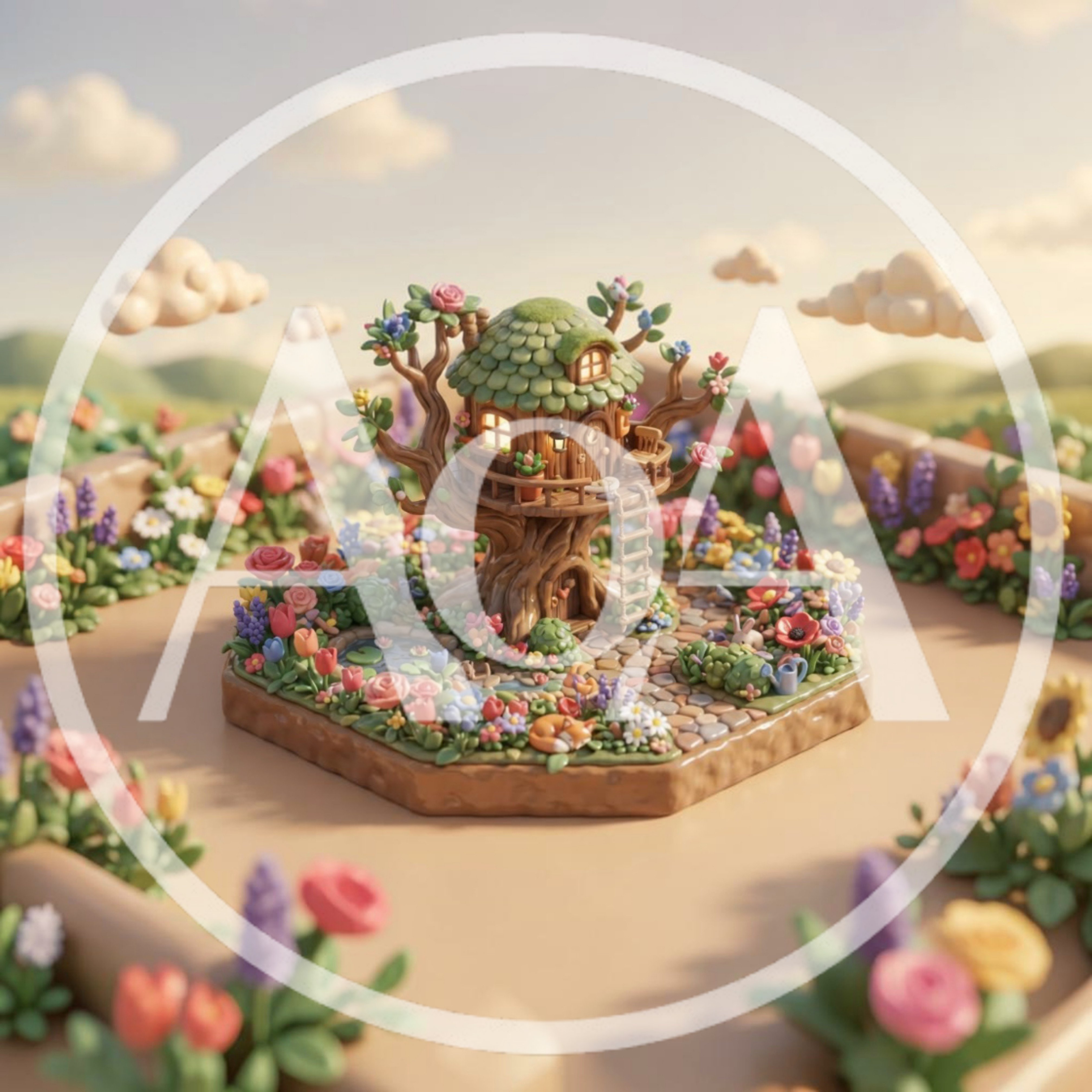 Miniature Clay Style Treehouse In A Flower Garden