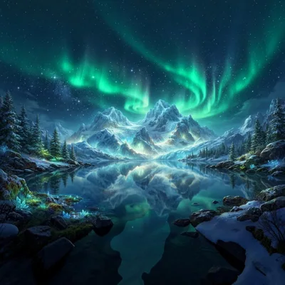 Majestic Snowy Mountains Under Vibrant Aurora Borealis