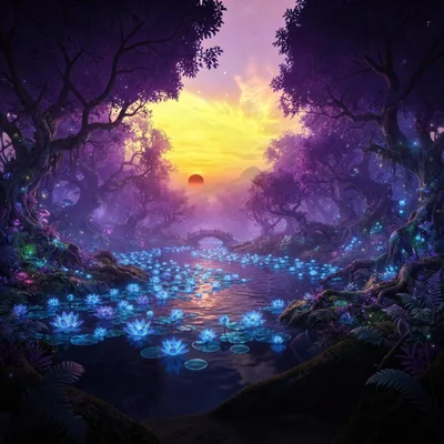Enchanted Forest River With Glowing Lotus Flowers