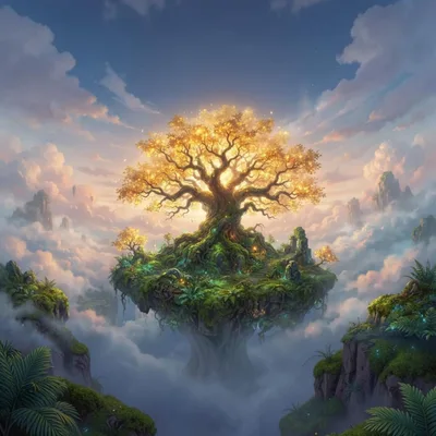 Floating Island With Glowing Golden Tree In Clouds