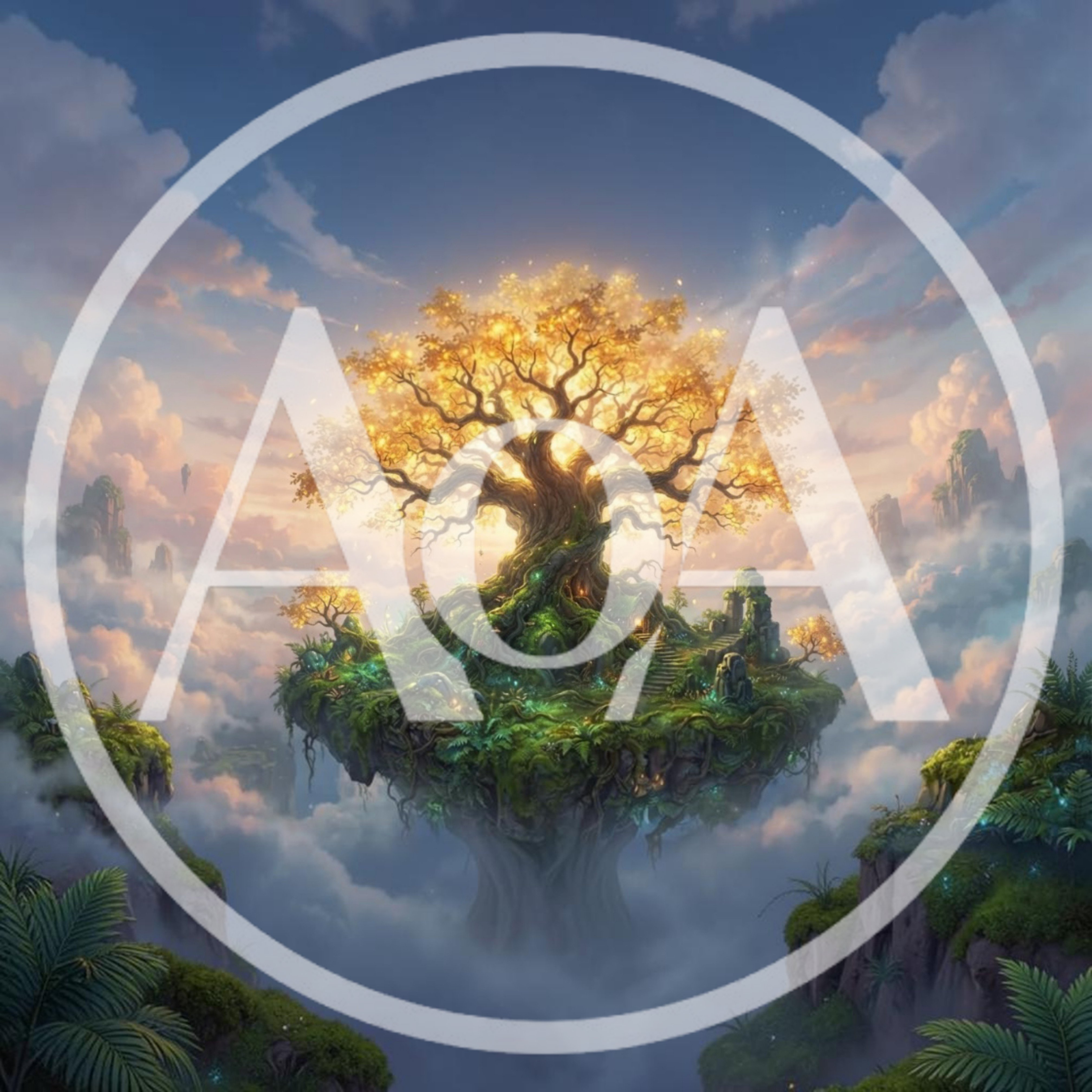Floating Island With Glowing Golden Tree In Clouds