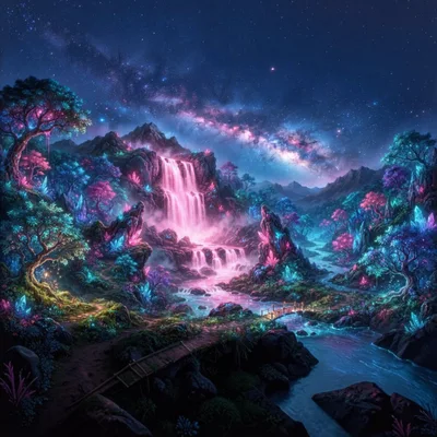 Bioluminescent Fantasy Waterfall Landscape Under Milky Way