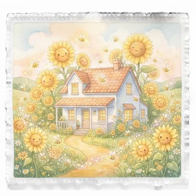 Watercolor Illustration Of A Cozy Cottage With Smiling Sunflowers