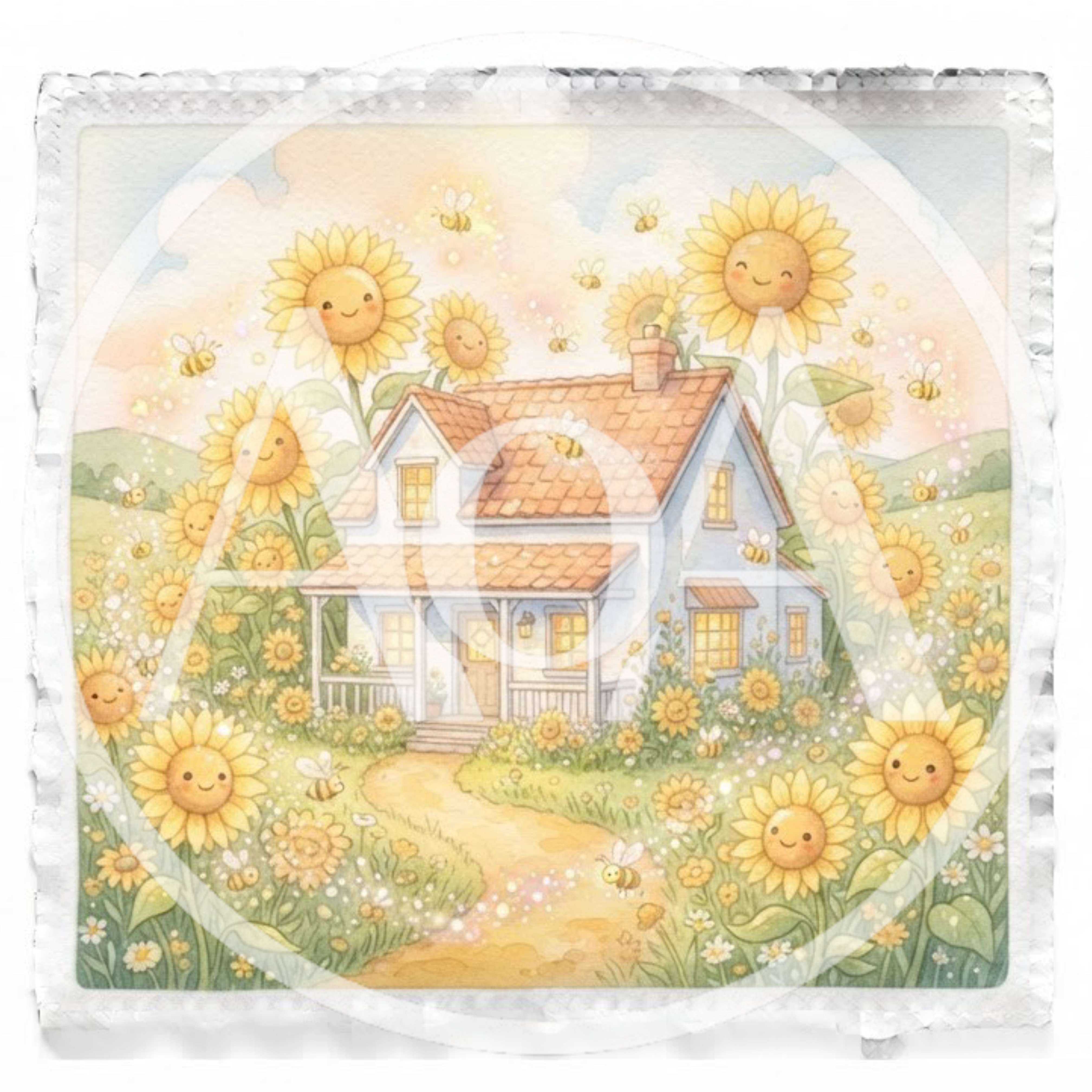 Watercolor Illustration Of A Cozy Cottage With Smiling Sunflowers