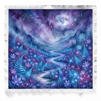 Whimsical Watercolor Landscape With Glowing Flowers And Moon