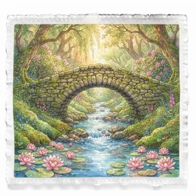 Watercolor Illustration Of A Stone Bridge Over A Stream