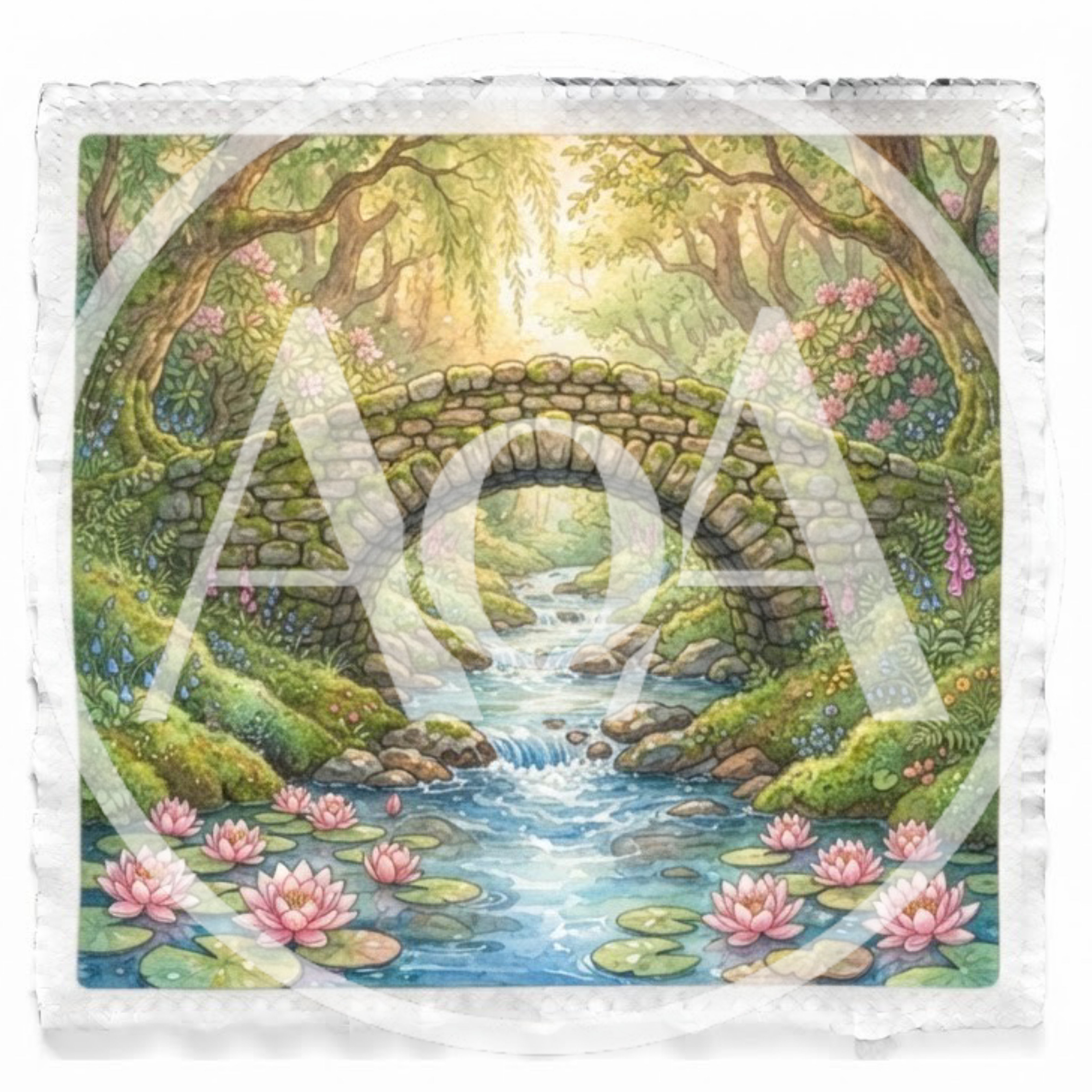 Watercolor Illustration Of A Stone Bridge Over A Stream