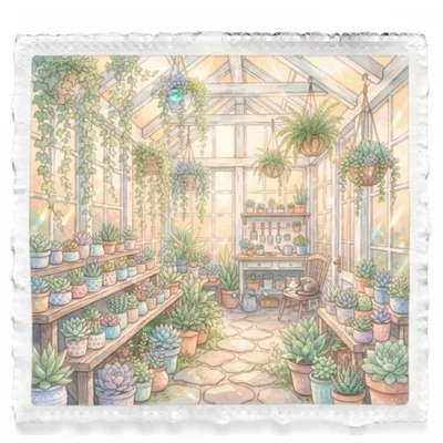 Watercolor Illustration Of A Cozy Greenhouse With Succulents