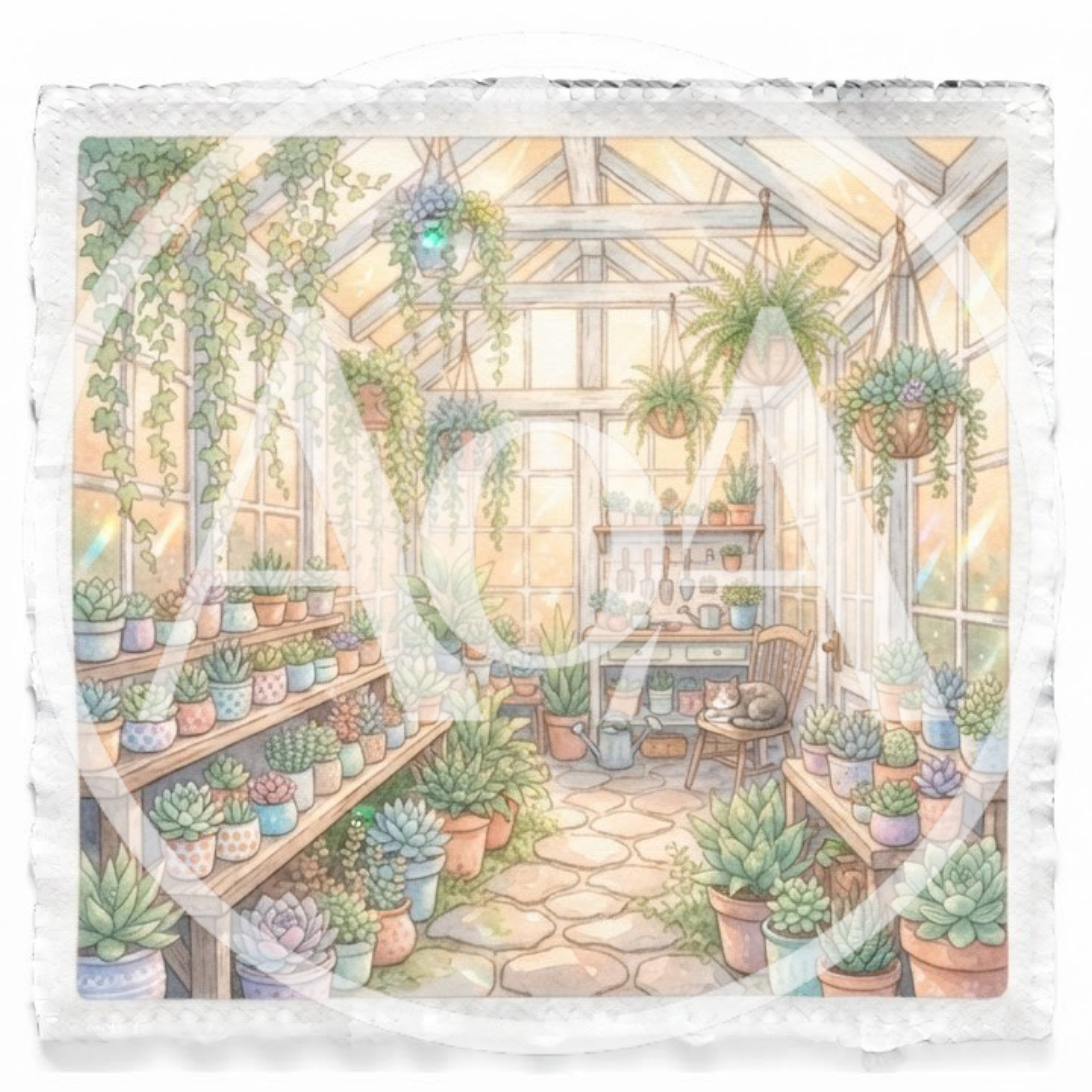 Watercolor Illustration Of A Cozy Greenhouse With Succulents