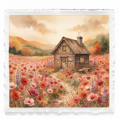 Watercolor Illustration Of A Rustic Cabin In Poppy Field