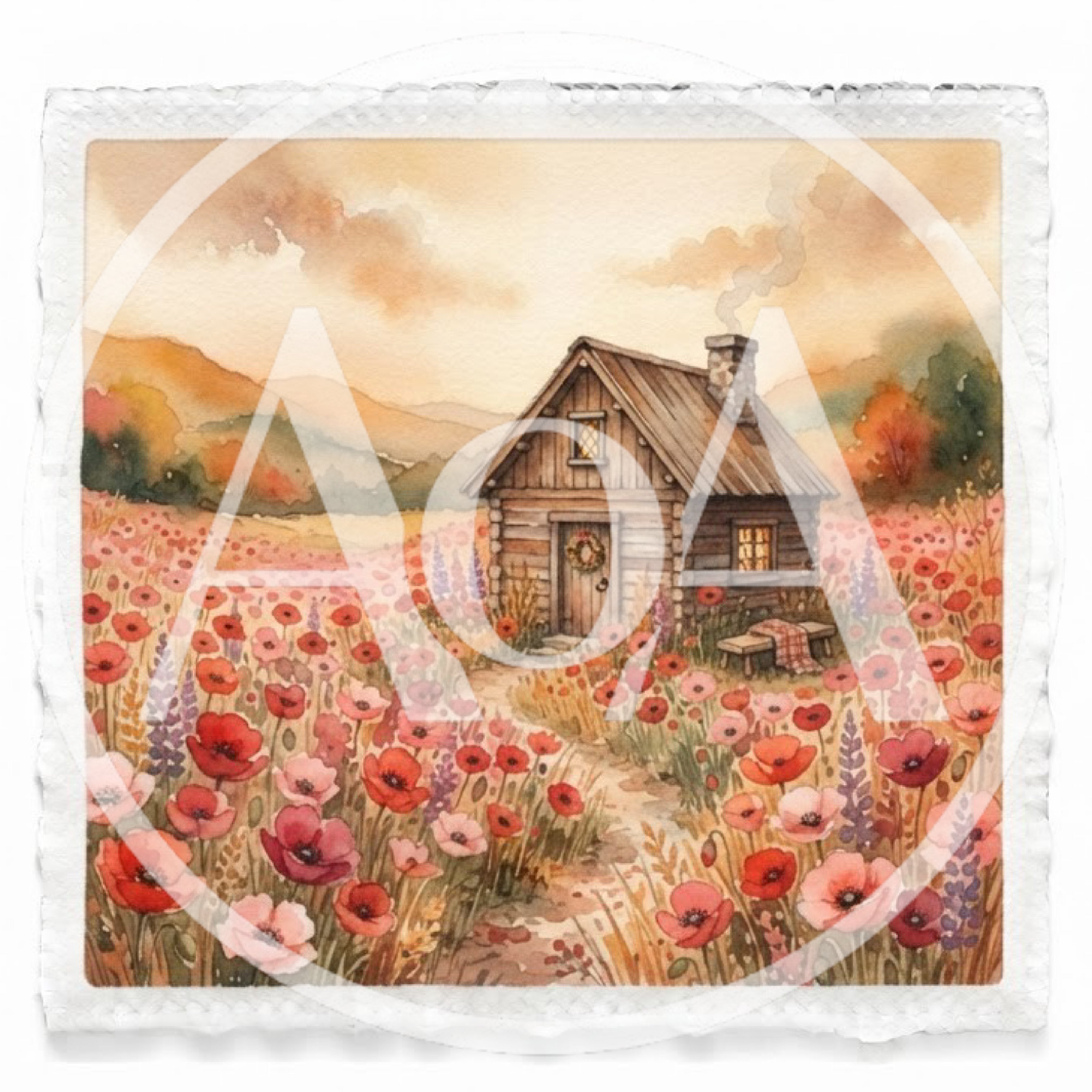Watercolor Illustration Of A Rustic Cabin In Poppy Field