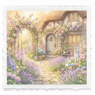 Watercolor Illustration Of A Charming English Cottage Garden