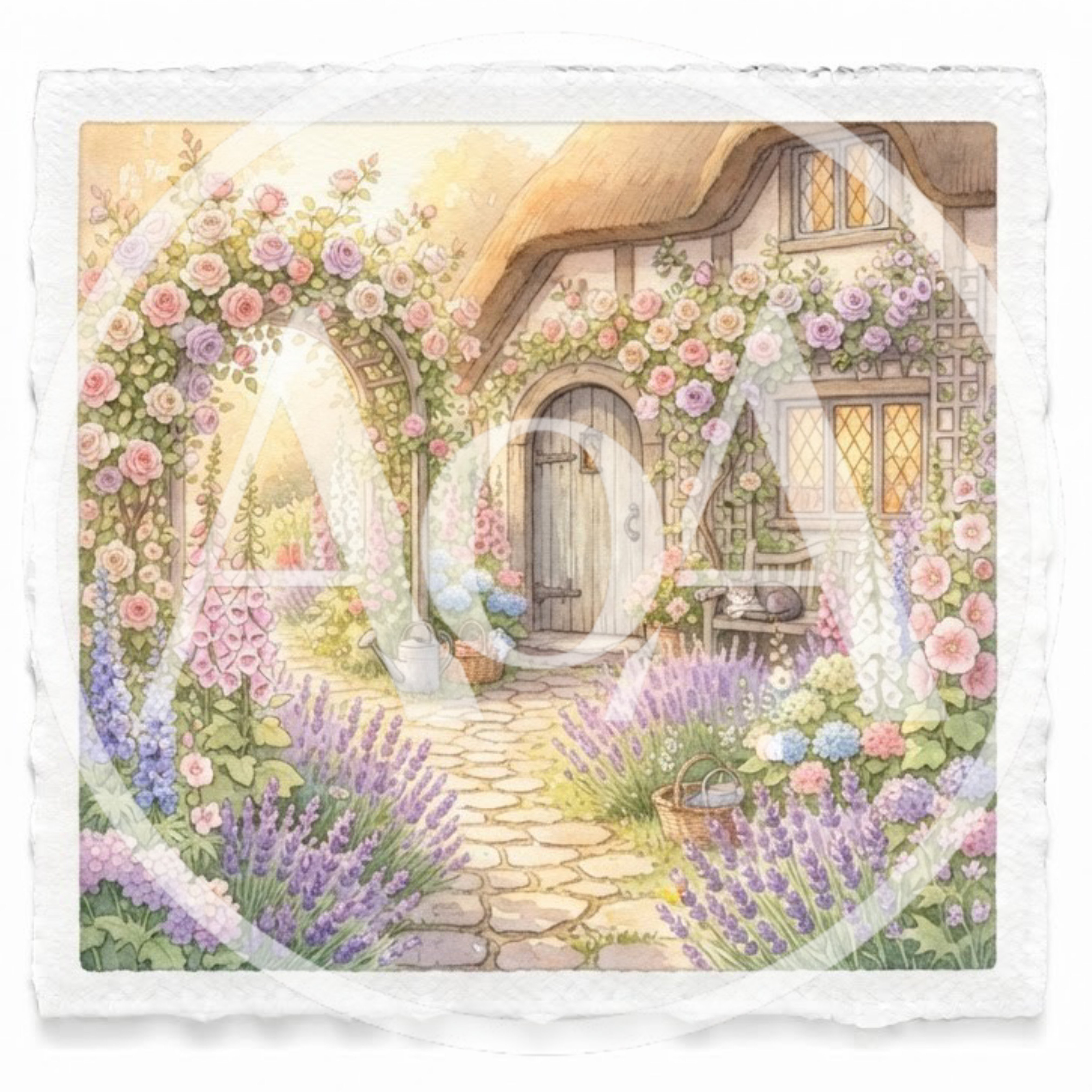 Watercolor Illustration Of A Charming English Cottage Garden