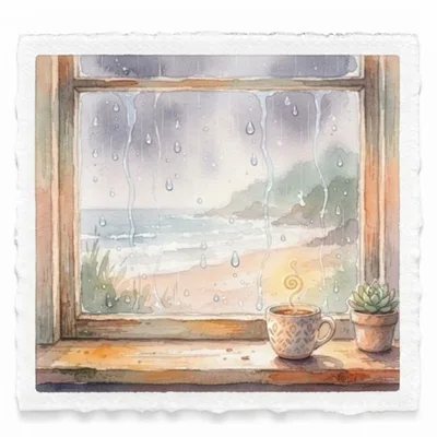 Watercolor Illustration Of A Cozy Rainy Window View
