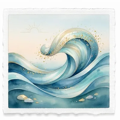 Watercolor Illustration Of A Golden Accented Ocean Wave