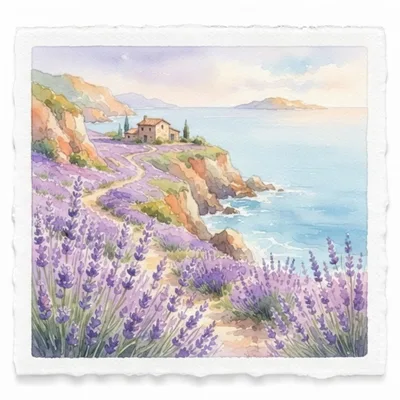 Watercolor Painting Of A Lavender Field By The Sea