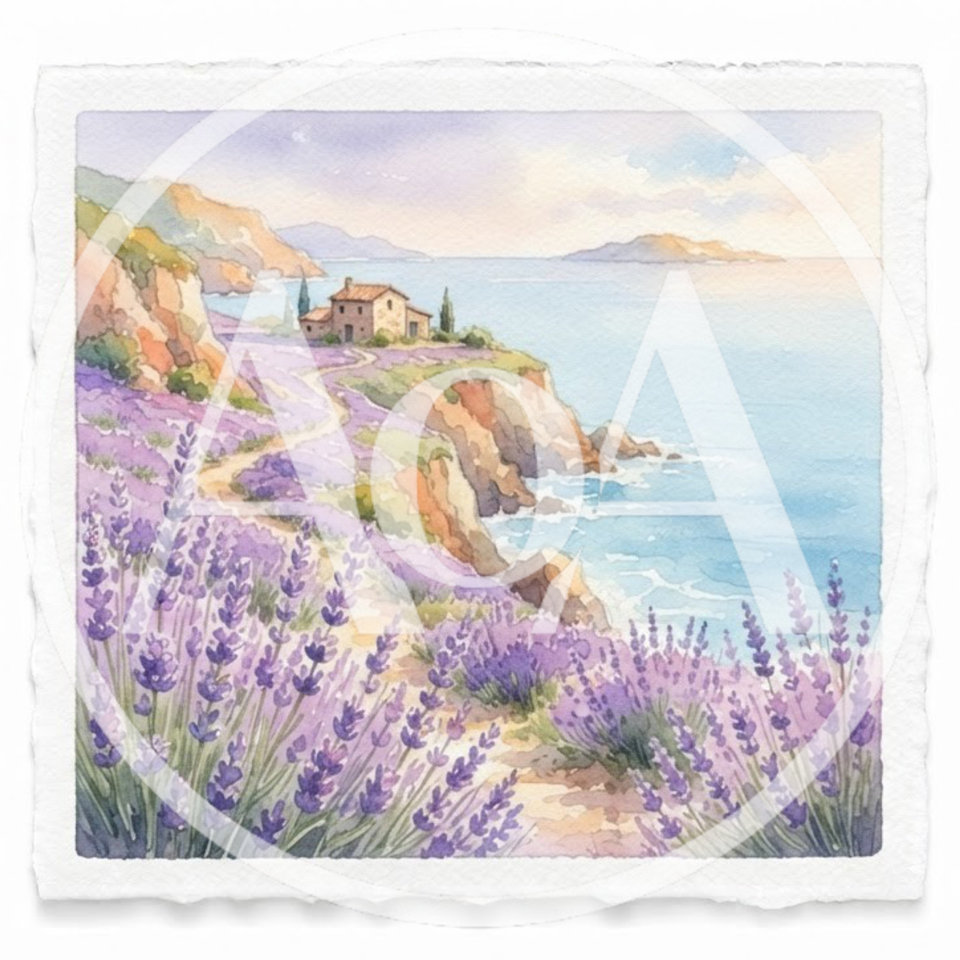 Watercolor Painting Of A Lavender Field By The Sea