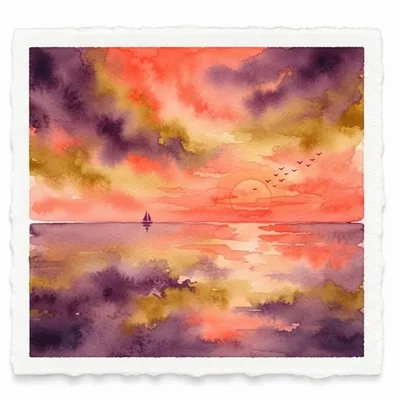 Watercolor Painting Of A Sailboat At Sunset