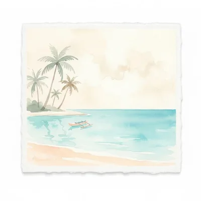 Watercolor Painting Of A Tropical Beach With Outrigger Canoe
