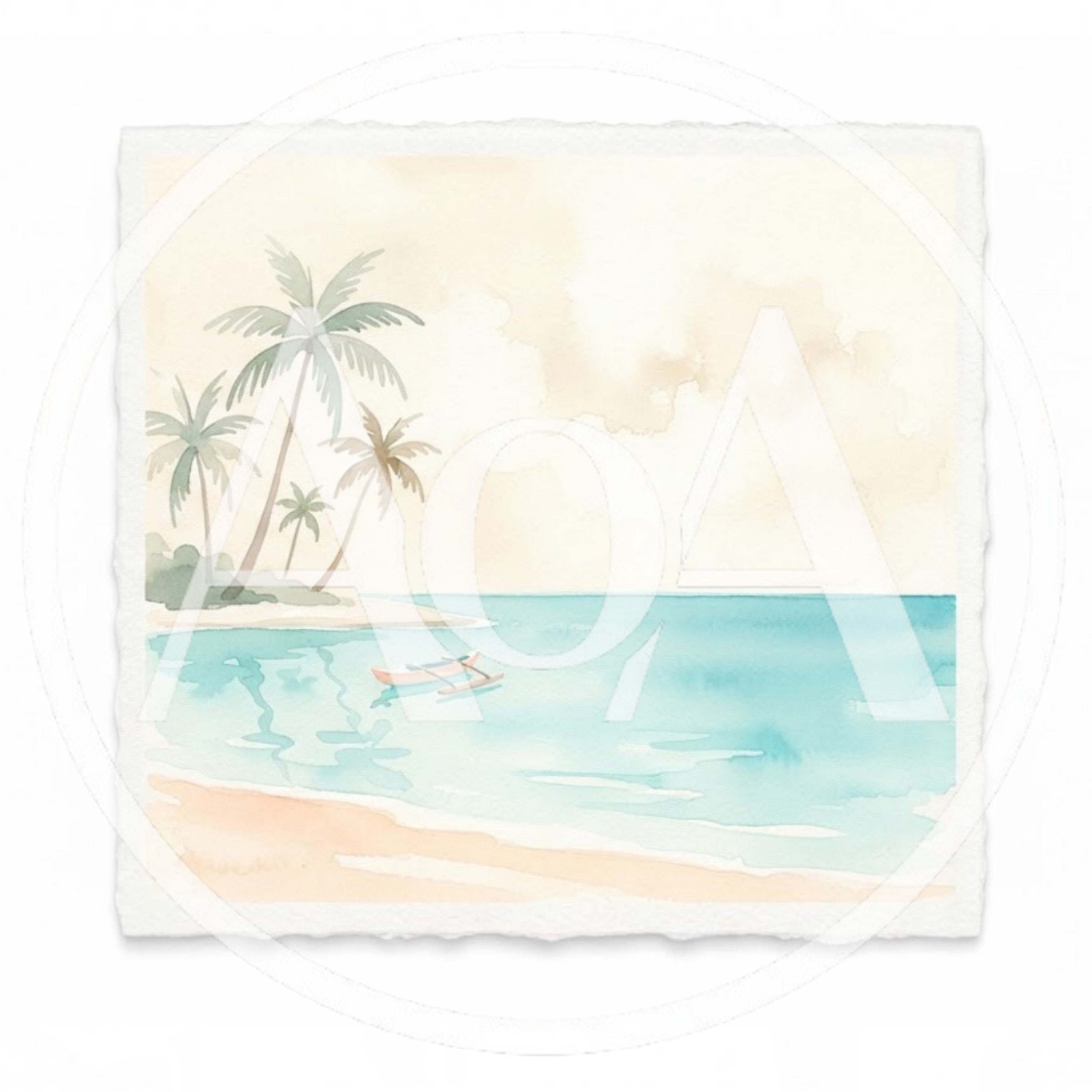 Watercolor Painting Of A Tropical Beach With Outrigger Canoe