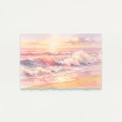 Watercolor Painting Of A Pink Sunset Ocean Wave