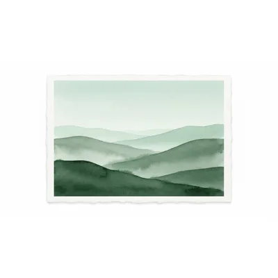 Watercolor Painting Of Layered Green Mountain Ranges
