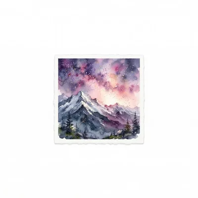 Watercolor Painting Of Snowy Mountains Under A Starry Sky