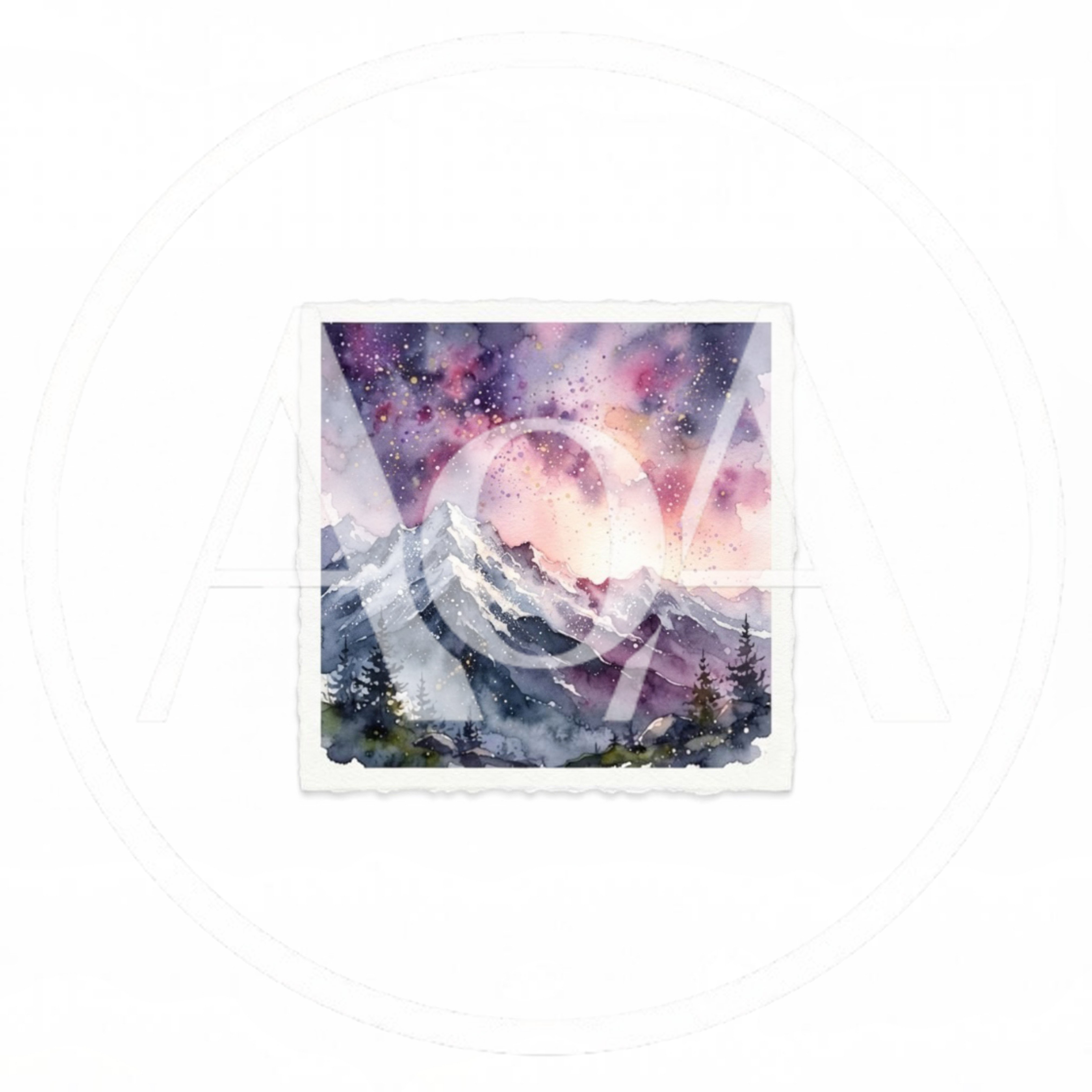 Watercolor Painting Of Snowy Mountains Under A Starry Sky