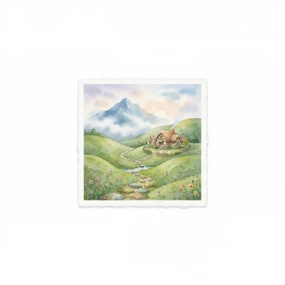 Watercolor Illustration Of A Cozy Cottage In Rolling Hills