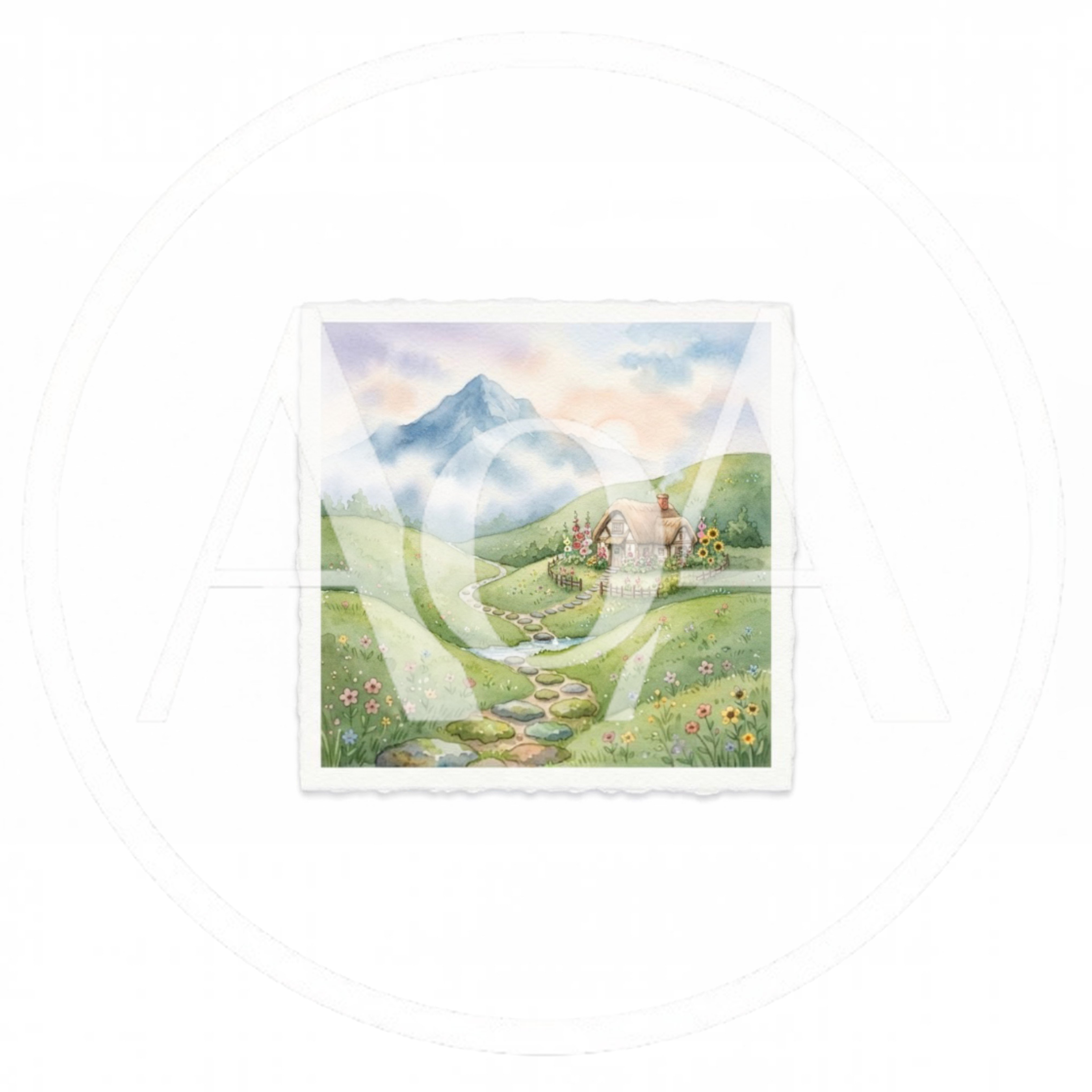 Watercolor Illustration Of A Cozy Cottage In Rolling Hills