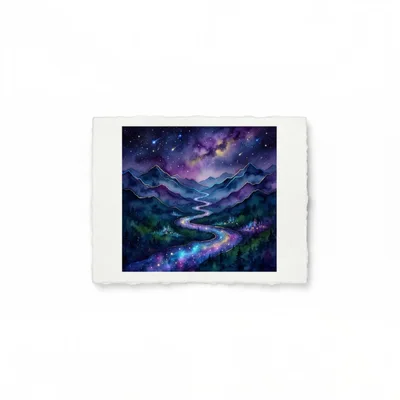Watercolor Painting Of A Cosmic River Through Mountains
