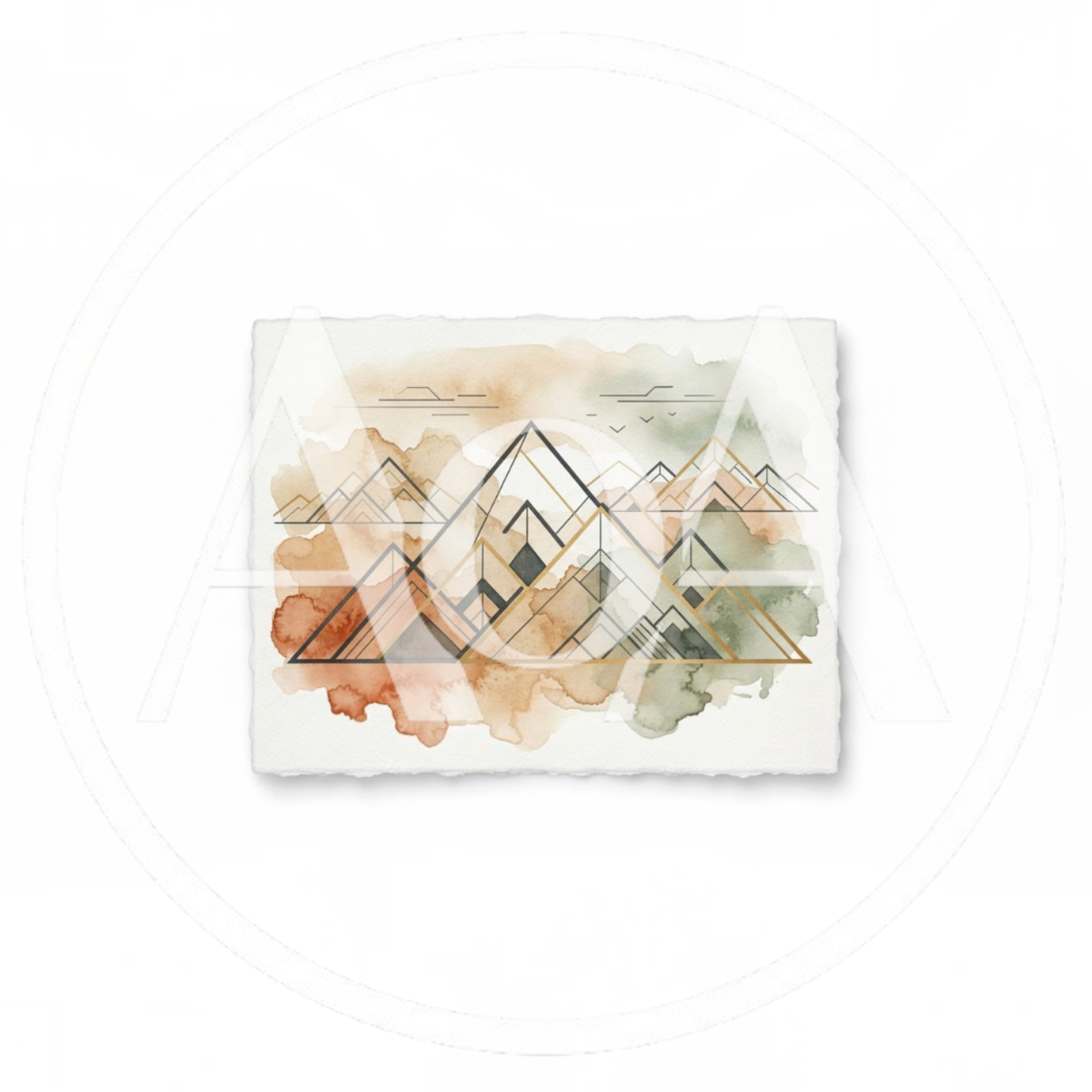Watercolor Mountain Landscape With Geometric Line Art