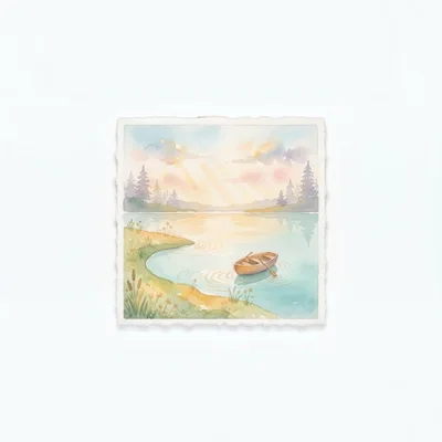Watercolor Painting Of A Wooden Boat On A Lake