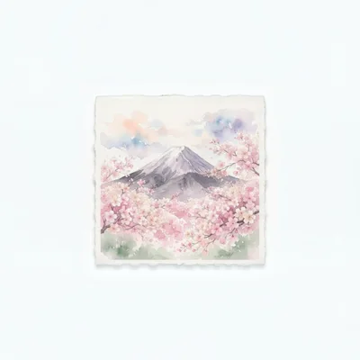 Watercolor Painting Of Mount Fuji With Cherry Blossoms