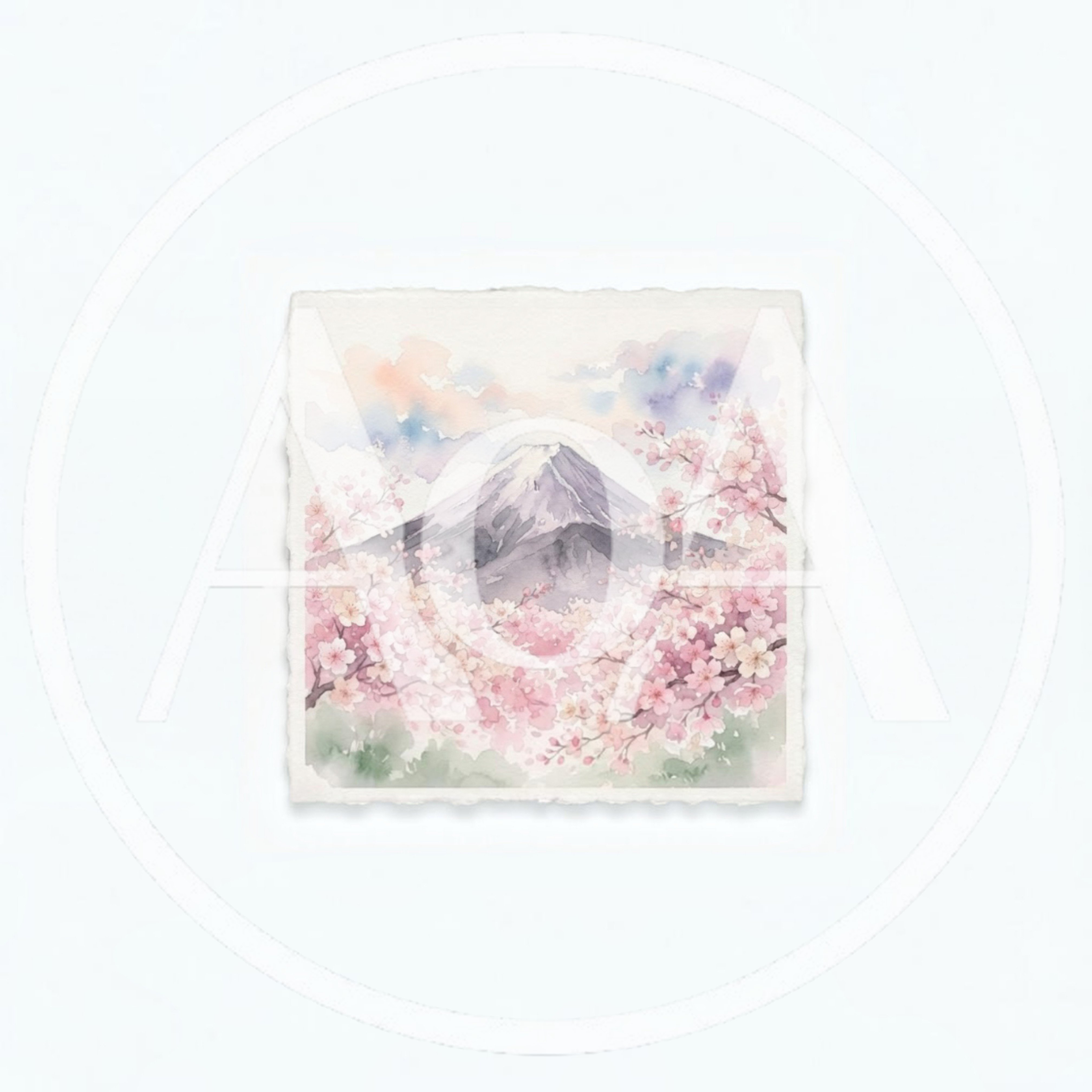Watercolor Painting Of Mount Fuji With Cherry Blossoms