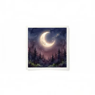 Watercolor Painting Of A Crescent Moon Over Pine Forest