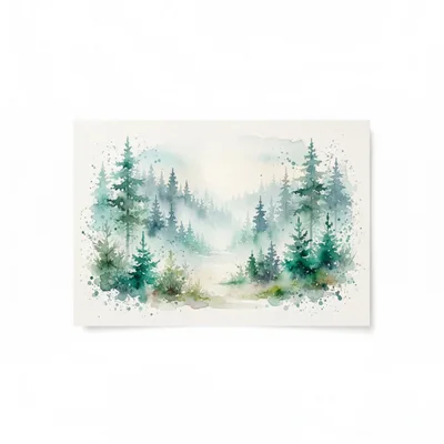Watercolor Painting Of A Misty Pine Forest