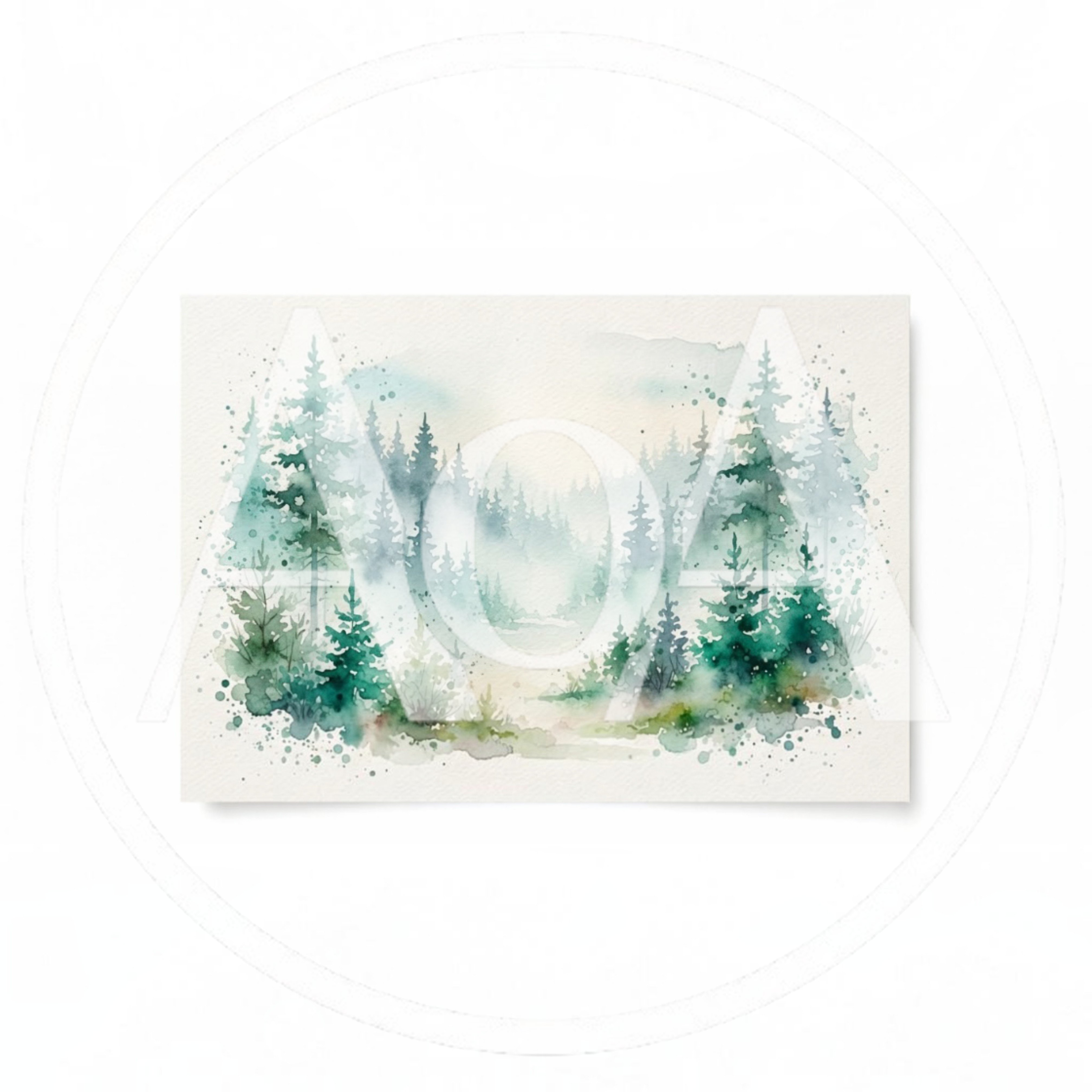 Watercolor Painting Of A Misty Pine Forest