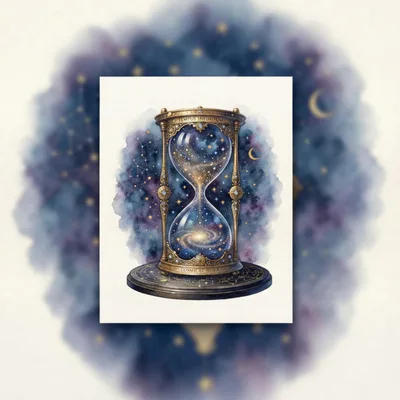 Watercolor Illustration Of A Cosmic Hourglass With Galaxy