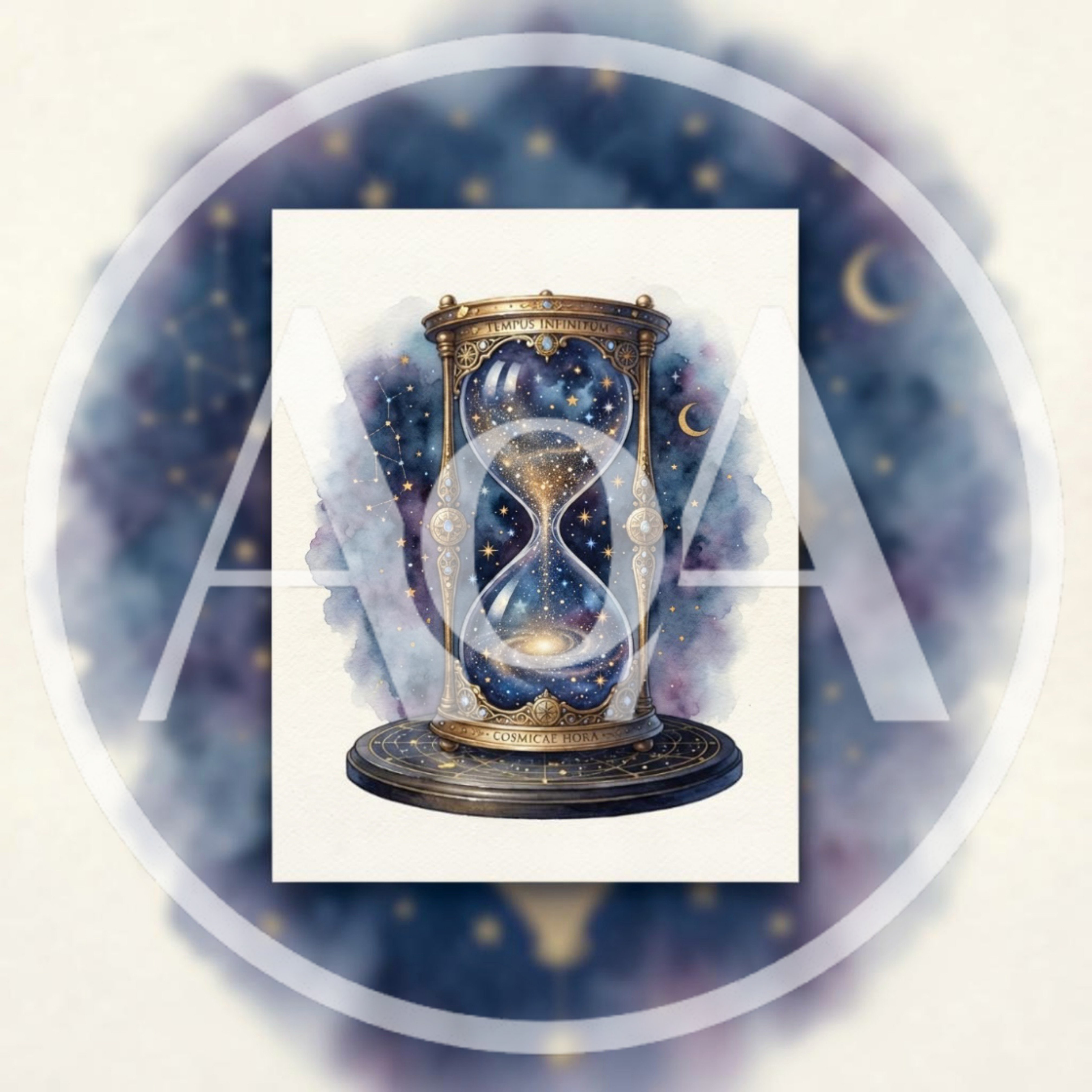 Watercolor Illustration Of A Cosmic Hourglass With Galaxy