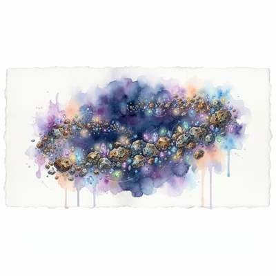 Watercolor Illustration Of Floating Asteroids And Crystals