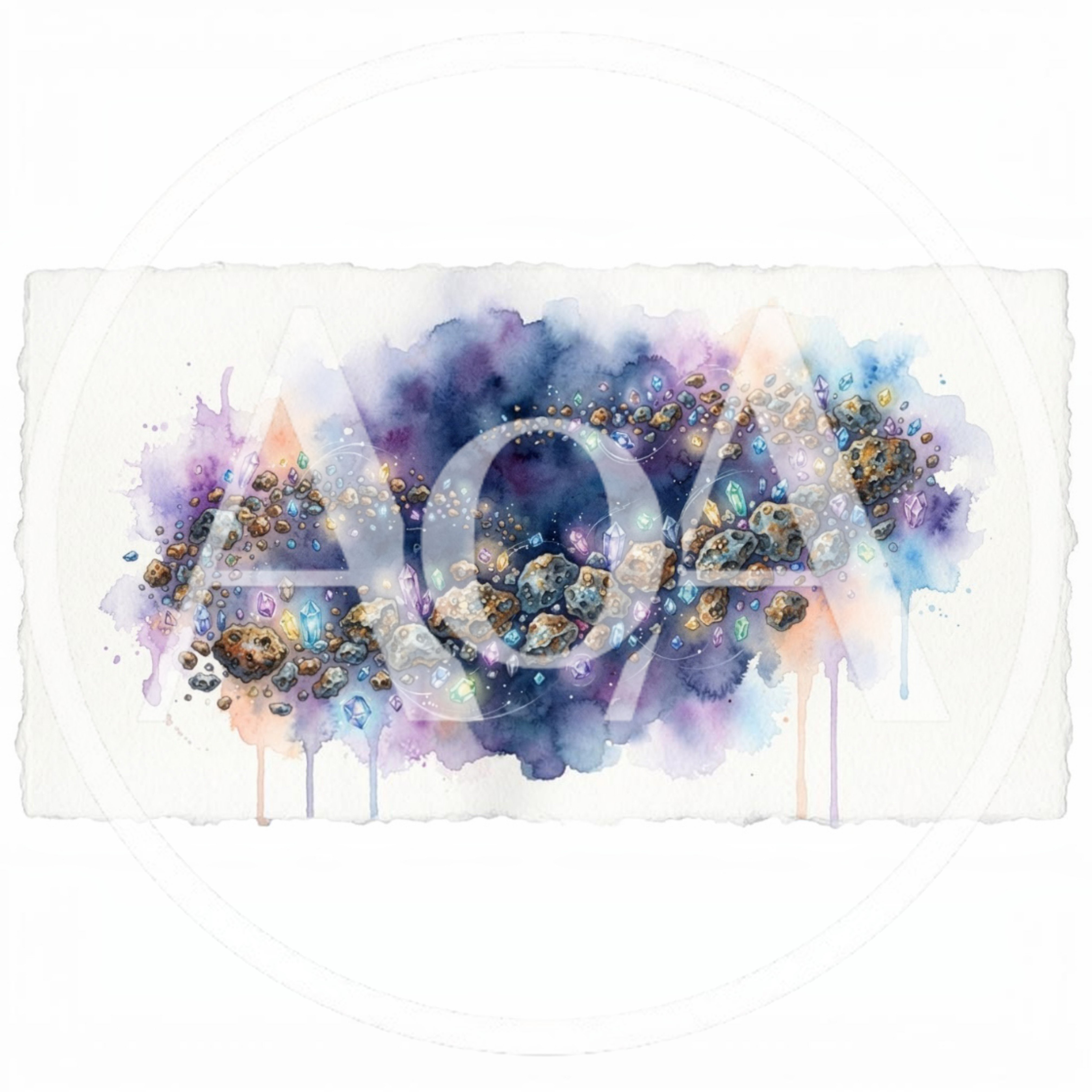 Watercolor Illustration Of Floating Asteroids And Crystals
