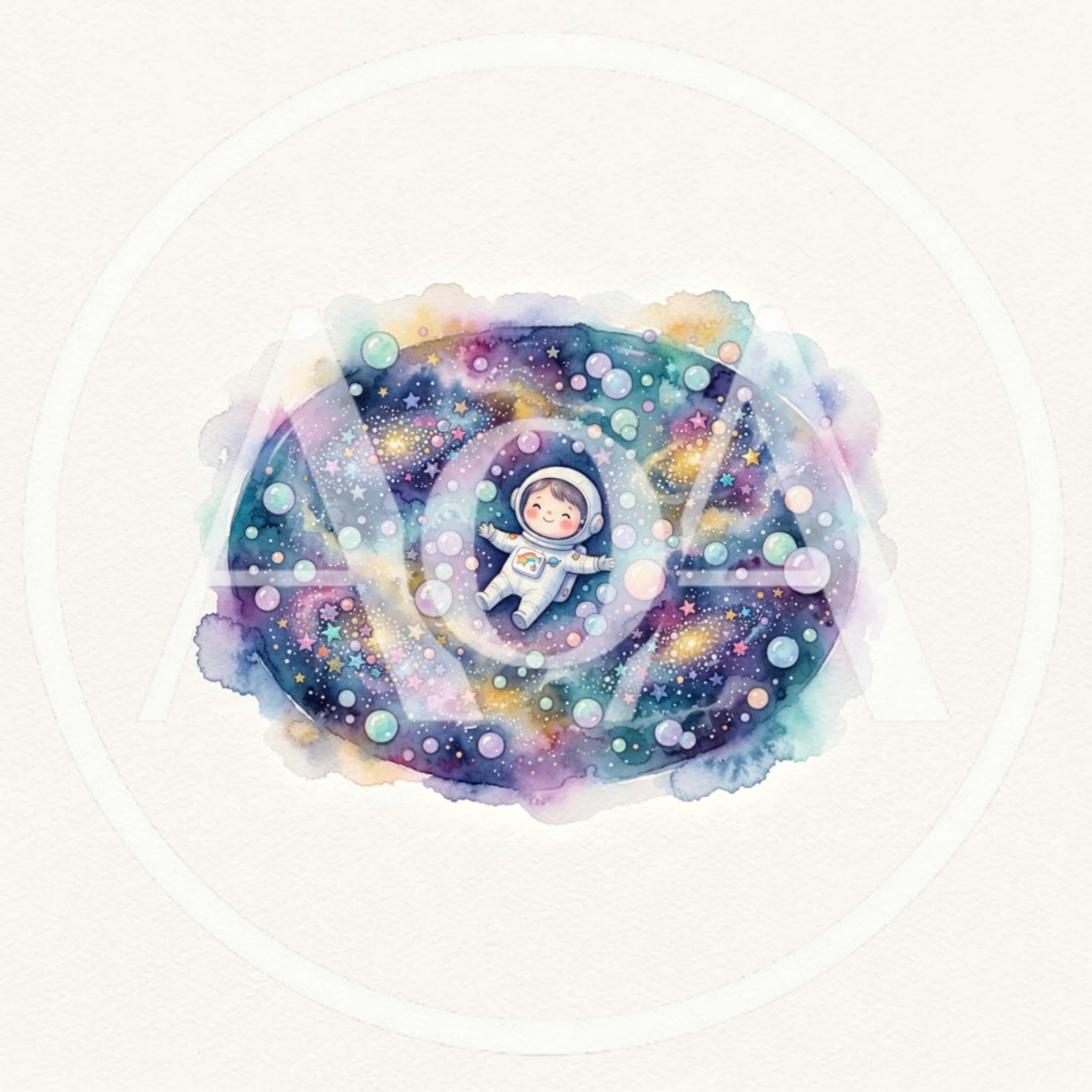 Cute Cartoon Astronaut Floating In Watercolor Space