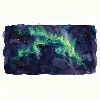 Watercolor Painting Of Vibrant Aurora Borealis In Night Sky