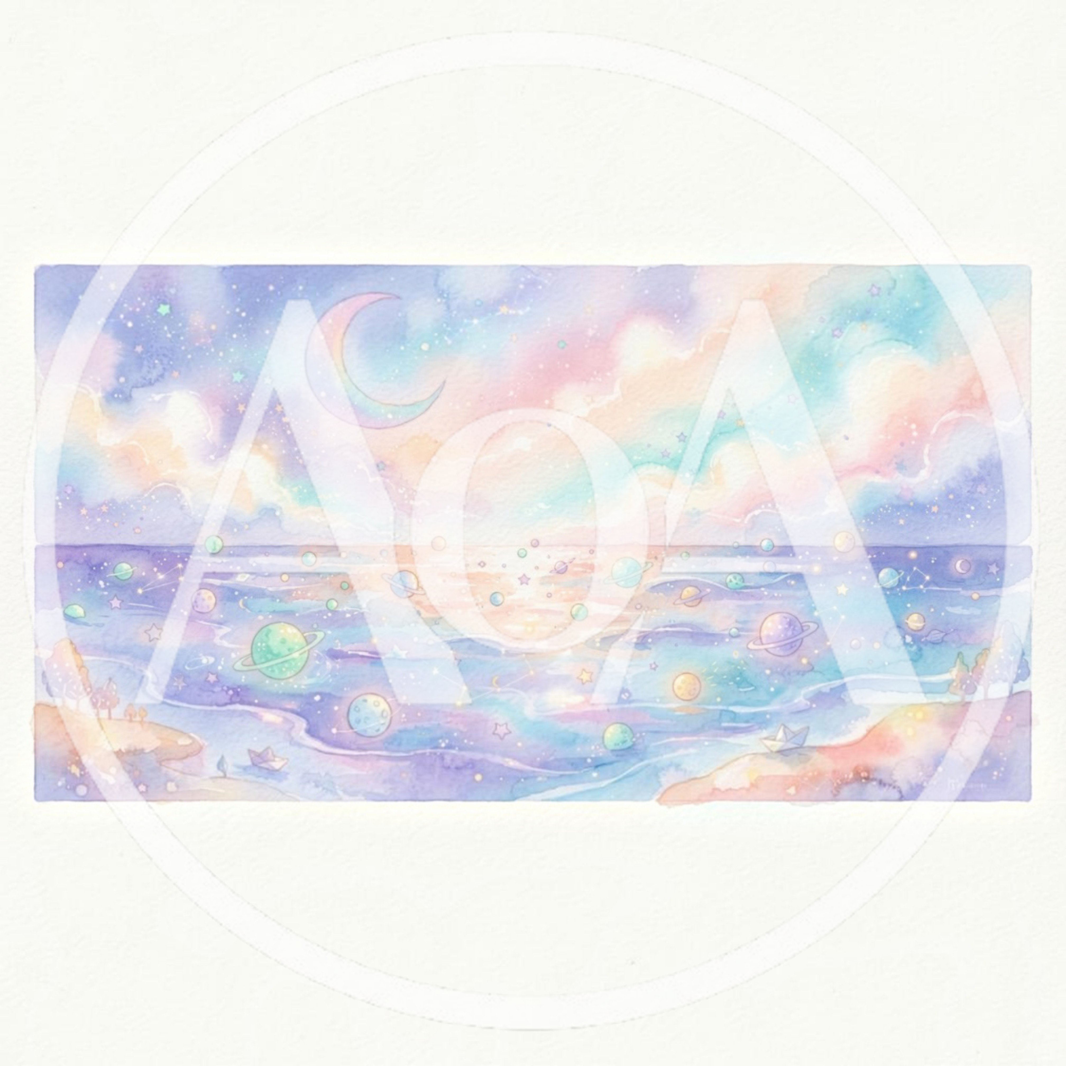 Watercolor Illustration Of A Dreamy Pastel Celestial Ocean