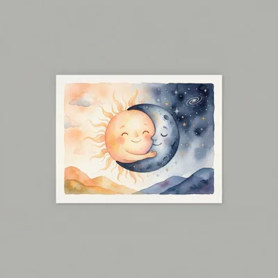 Watercolor Illustration Of A Sun And Moon Embracing