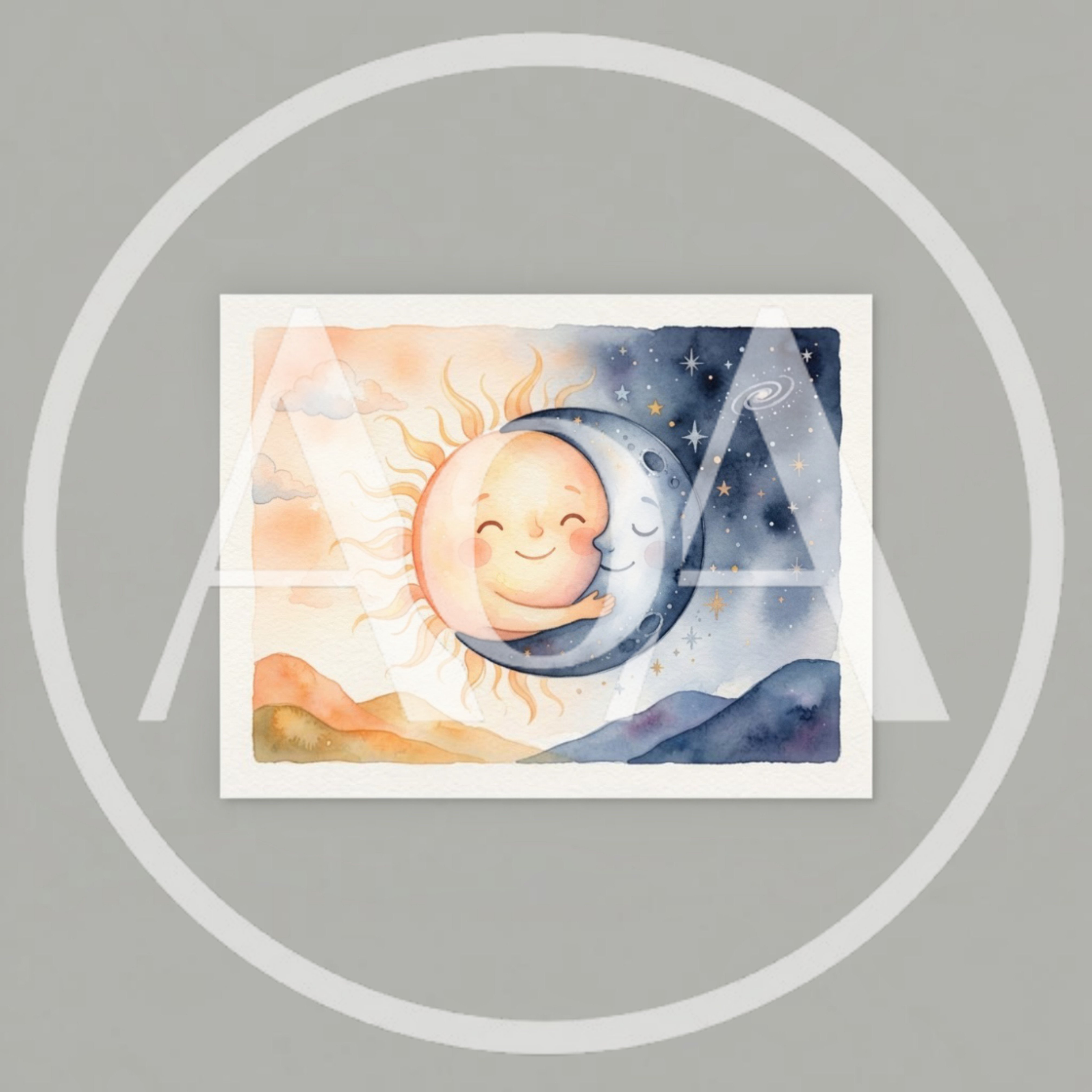 Watercolor Illustration Of A Sun And Moon Embracing